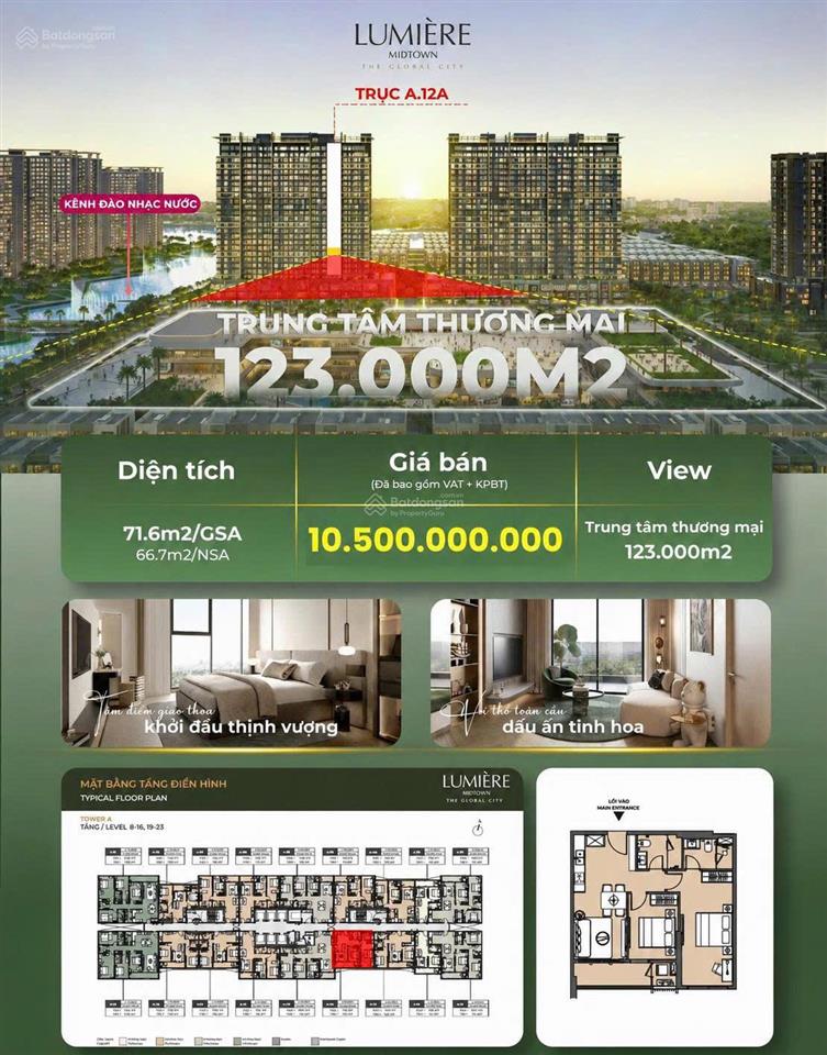 Hot cắt lỗ 500 tr lumier midtown, hướng đông nam, nhìn trung tâm thương mại, 2 pn 2wc