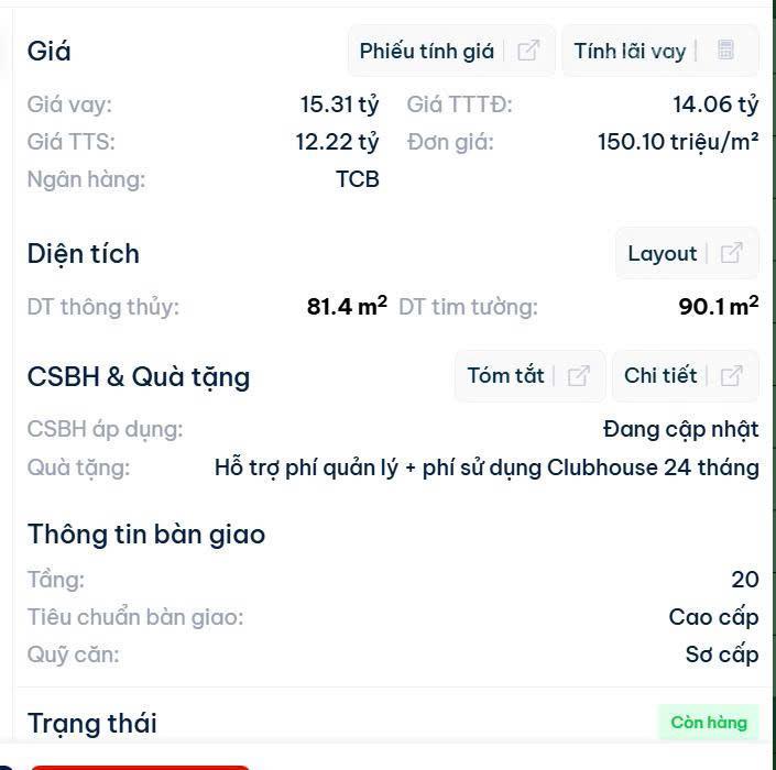 Tặng 6 chỉ vàng cho căn 2pn 2vs 81m2 thông thủy, tầng 20 cao xà lá, ký mới cđt 12 tỷ