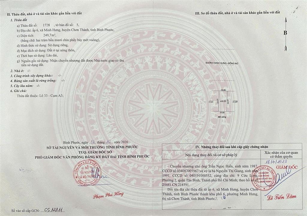 Bán đất nền dự án tại khu công nghiệp minh hưng sikico, 2,6 tỷ, 249,7m2, chính chủ uy tín