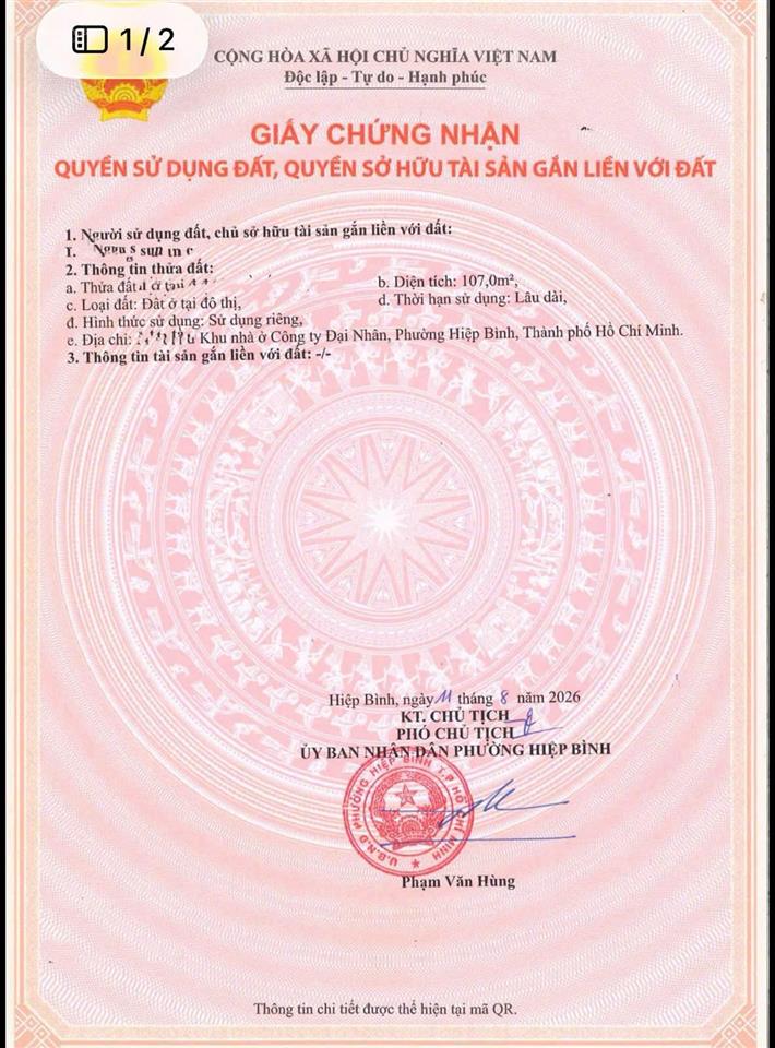 Chủ gửi em lô đất tdc 5x21m vạn phúc, sổ hồng sẵn công chứng ngay. giá 10 tỷ 380, gần trường học