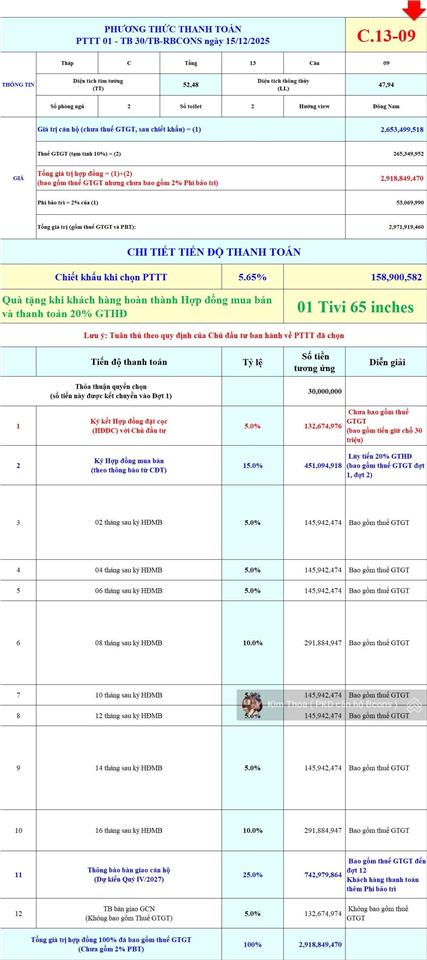 Chính chủ bán căn hộ bcons center city 2pn2wc giá 2,91 tỷ/căn, y hình view hồ đá. tt chỉ 132 triệu