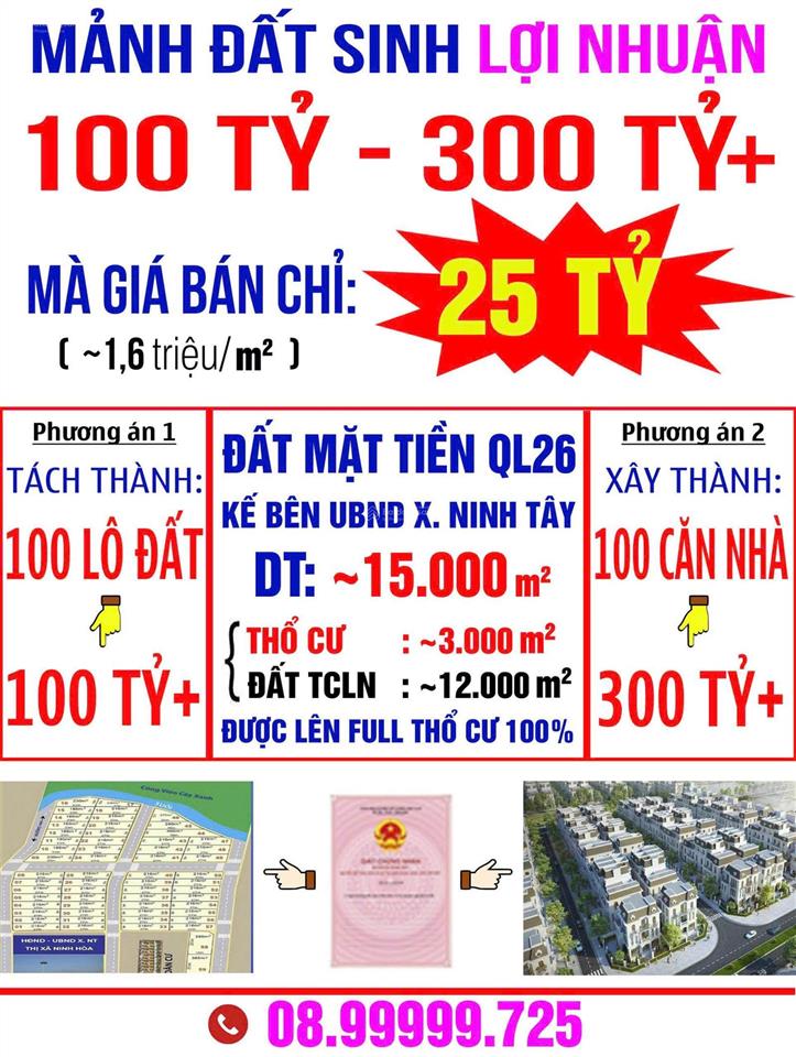 Bán đất diện tích lớn tại ninh hòa  quốc lộ 26 (xã ninh tây)