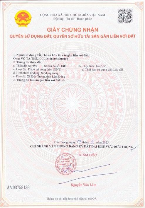 Bán đất nền trung tâm đức trọng  cách chợ đầu mối 800m  mặt tiền đường nhựa 15m