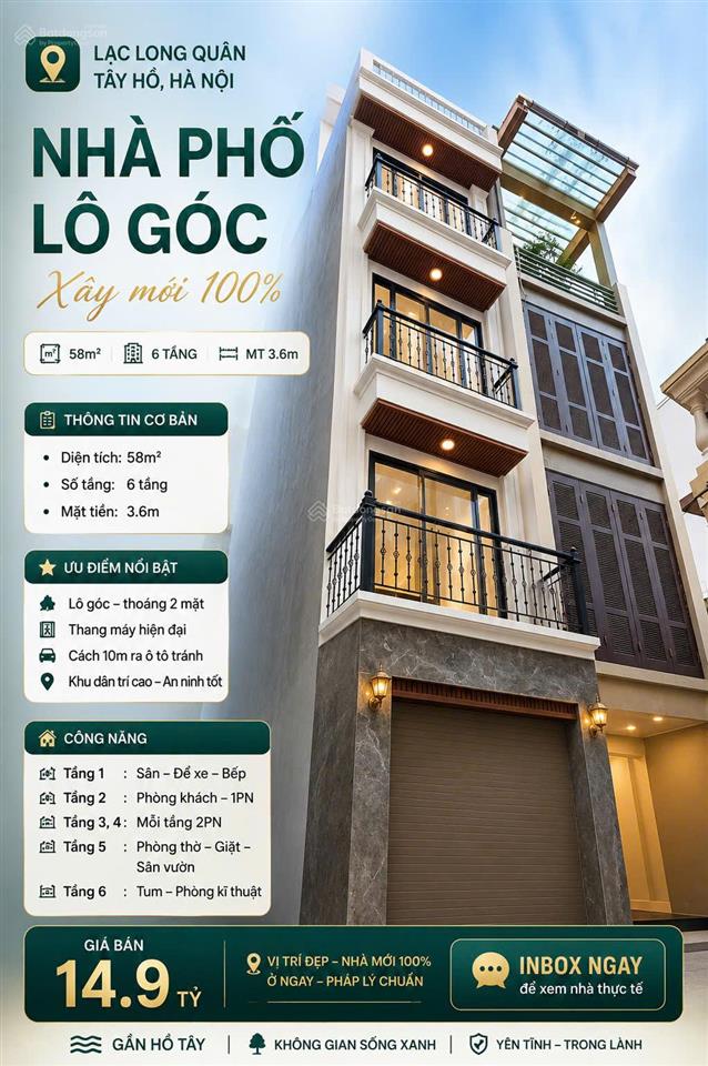 Cần bán nhà phố lạc long quân, dt 60m2 * 6 tầng , mt 3,8m. nhà lô góc , thang máy , ô tô tránh .