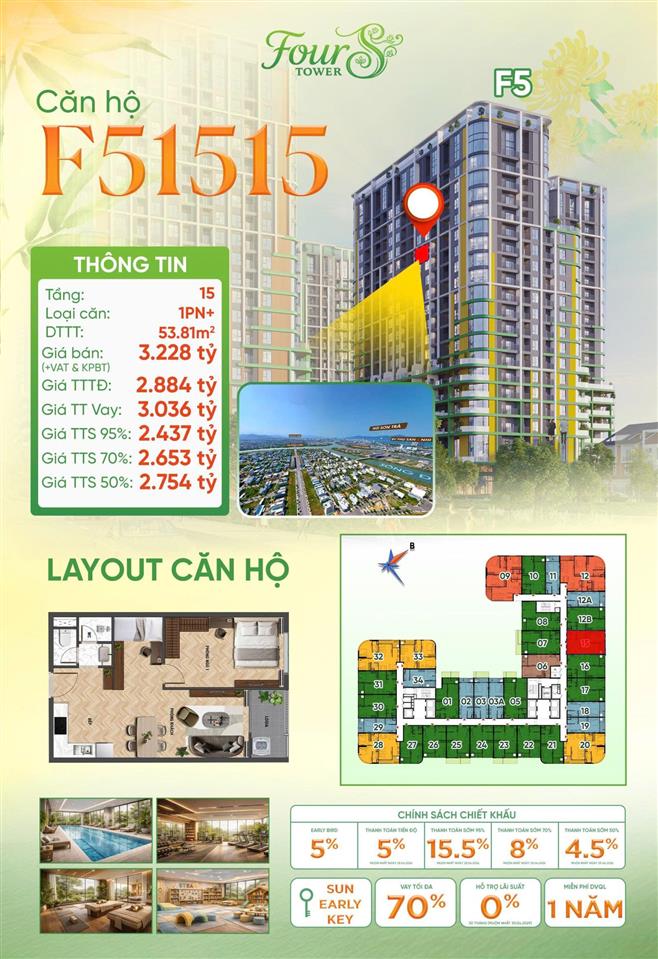 Bán căn hộ 1pn+ fours tower, view pháo hoa, giá niêm yết chủ đầu tư