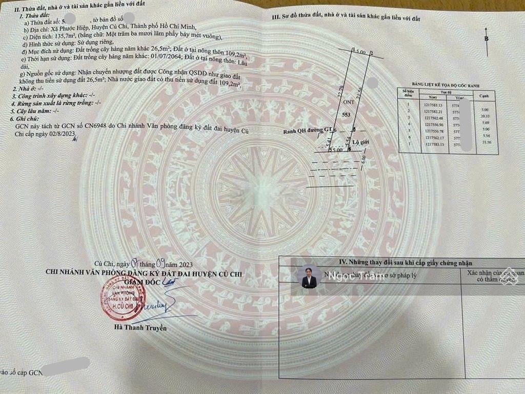 Ra đi nhanh lô đất 135m2 giá 900 triệu sổ hồng riêng đường nguyễn thị ni xã tân hiệp huyện củ chi