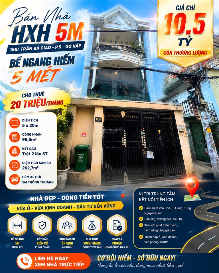 Hxh 6m sát mt trần bá giao p5, dương quảng hàm, 5x20m~100m2 3 tầng, đct 30tr chỉ 10,5 tỷ