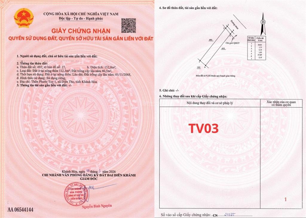 Bán đất tại xã diên thọ, khánh hòa, 1,1 tỷ, 143 m2