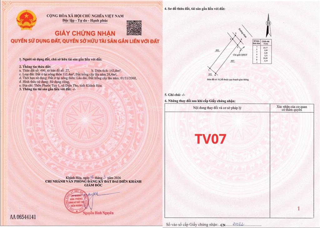 Bán đất tại xã diên thọ, khánh hòa, 1,1 tỷ, 143 m2