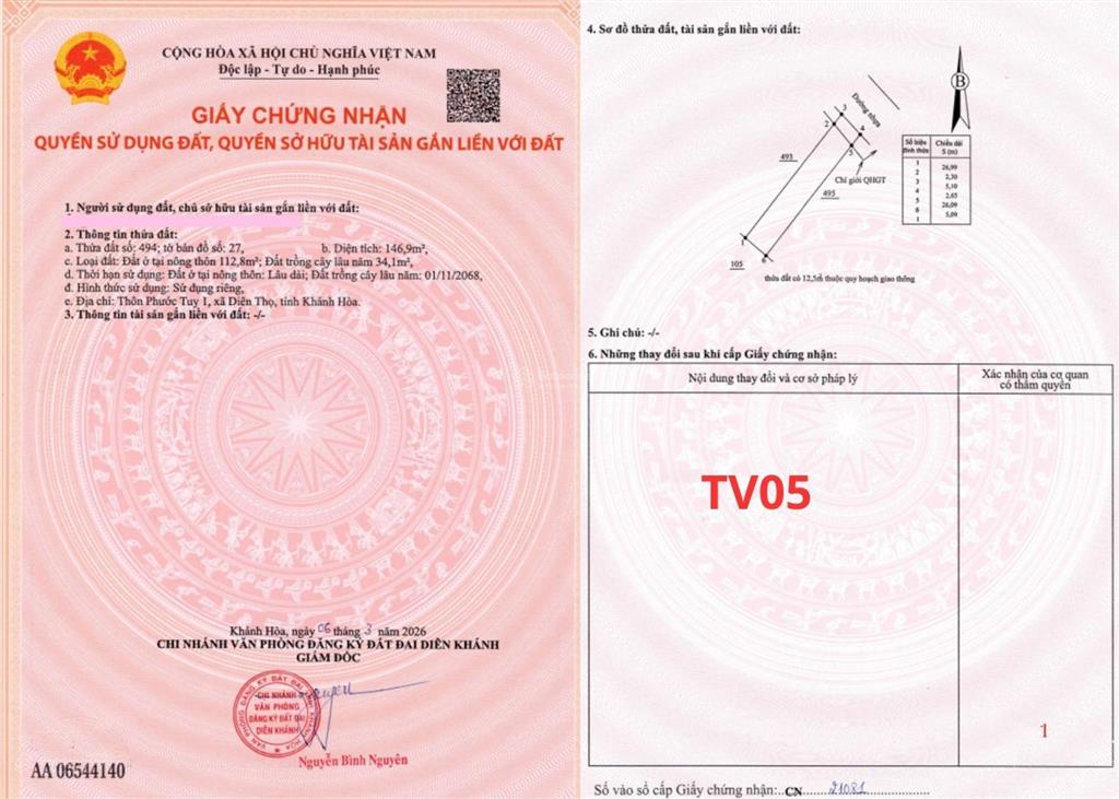 Bán đất tại xã diên thọ, khánh hòa, 1,1 tỷ, 143 m2