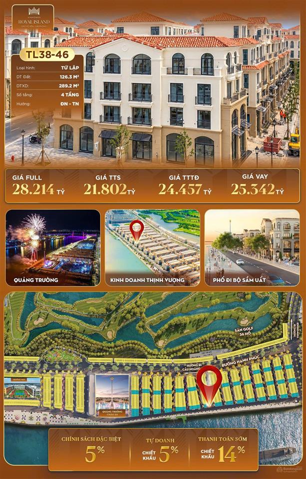 Bán biệt thự tứ tập mặt sông cấm tl3846 vinhomes royal island 126,3m2, giá từ 15,3 tỷ