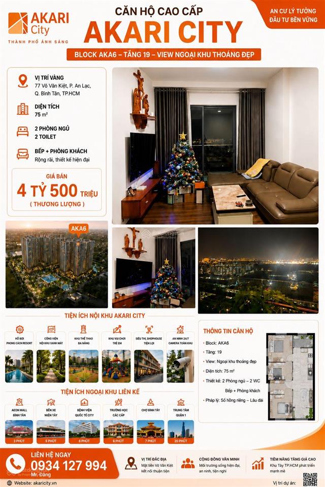 Bán căn hộ akari city block ak  tầng 19 view thoáng đẹp  2 phòng ngủ   0934 127 ***