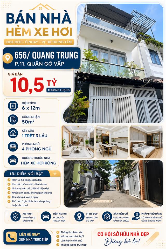 Gấp! hxh 656 quang trung p11, 6x12m ~ 50m2, 4 tầng 4pn nhà đẹp, kd đa nghành nghề, giá 10,5 tỷ tl