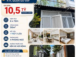 Gấp! hxh 656 quang trung p11, 6x12m ~ 50m2, 4 tầng 4pn nhà đẹp, kd đa nghành nghề, giá 10,5 tỷ tl