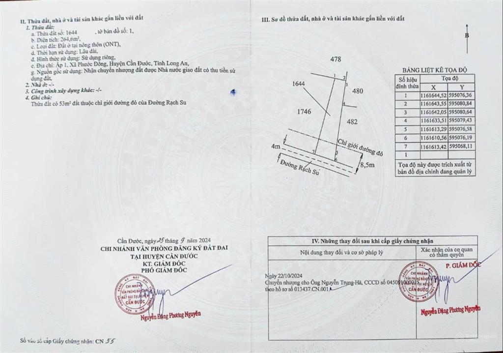 Bán đất tại ấp 1, phước đông, 1,25 tỷ, 264,6 m2, giá tốt, chính chủ