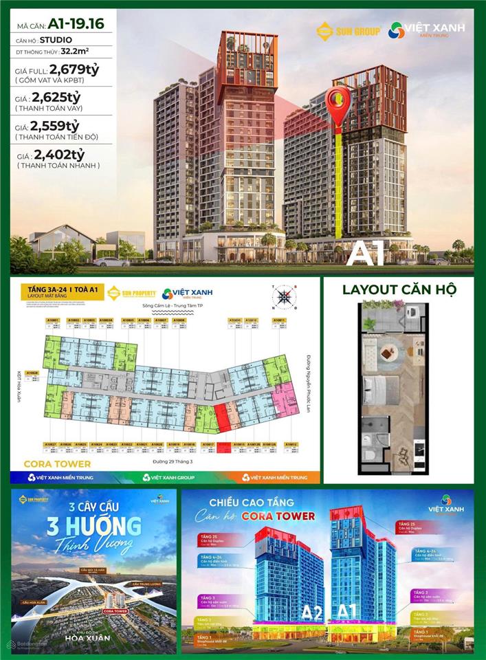 Hiếm. căn studio tòa cora sungrouptrung tâm nam đà nẵng,dt 32m2,cực dễ cho thuê sinh lời!chốt ngay