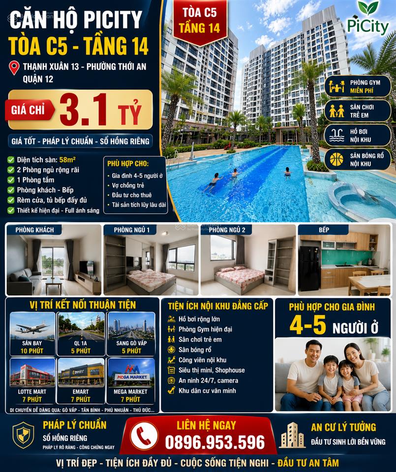 Căn hộ picity quận 12  tầng 14 view thoáng  2pn giá tốt