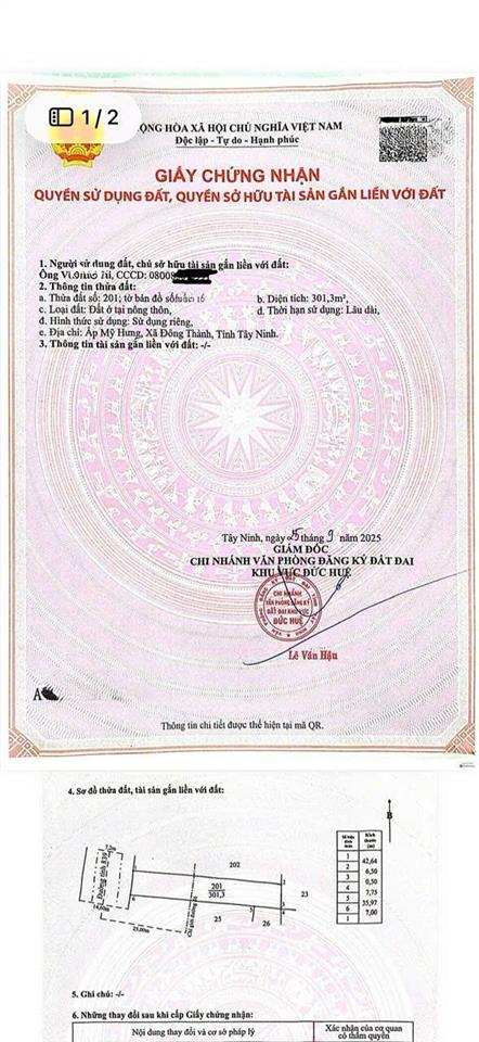 Đất 2 mặt tiền dt 1068.8m2 có 301.3m2 thổ cư đông thành, tây ninh
