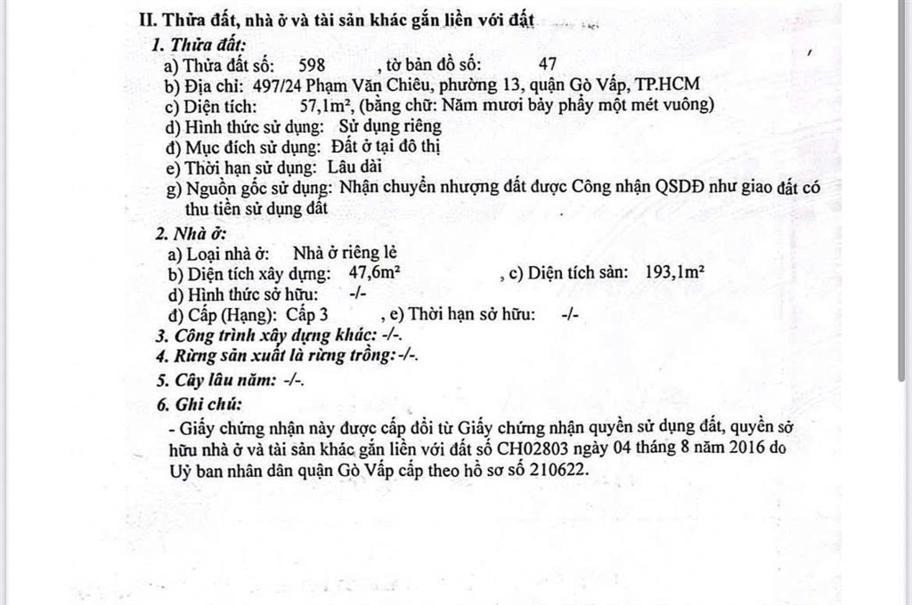 Bán nr 4pn, 4wc, 57.1m2, 8,1 tỷ ở phạm văn chiêu, gò vấp, hcm