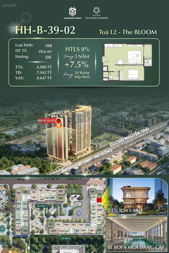 Bán căn 1pn lumière hanoi seasons garden, 49.6m2, chỉ 6.9 tỷ, ký hđmb trực tiếp cđt,  0987 485 ***