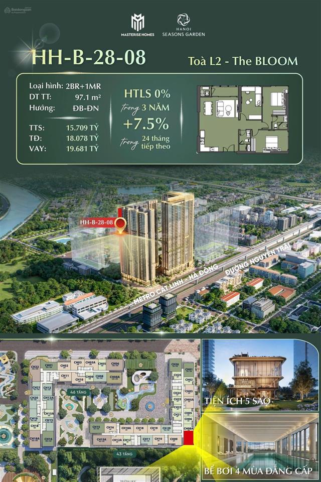 Bán căn 2pn+1mr lumière hanoi seasons garden, 97,1m2, chỉ 15,709 tỷ, ký hđmb trực tiếp cđt