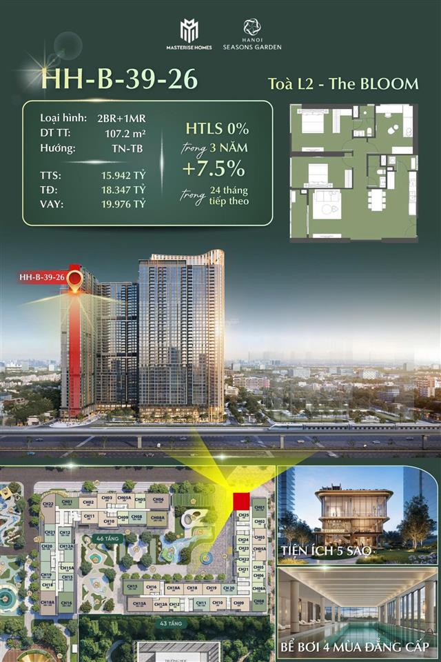 Bán căn 2pn+1 (107.2m²) toà l2 hanoi seasons garden, giá tts 15.942 tỷ