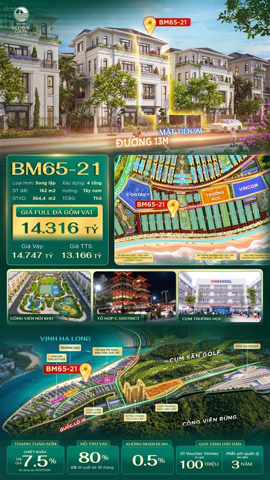 Căn biệt thự 162m2 tại vinhomes global gate hạ long, giá 13,1 tỷ có áp voucher thì còn giảm nữa