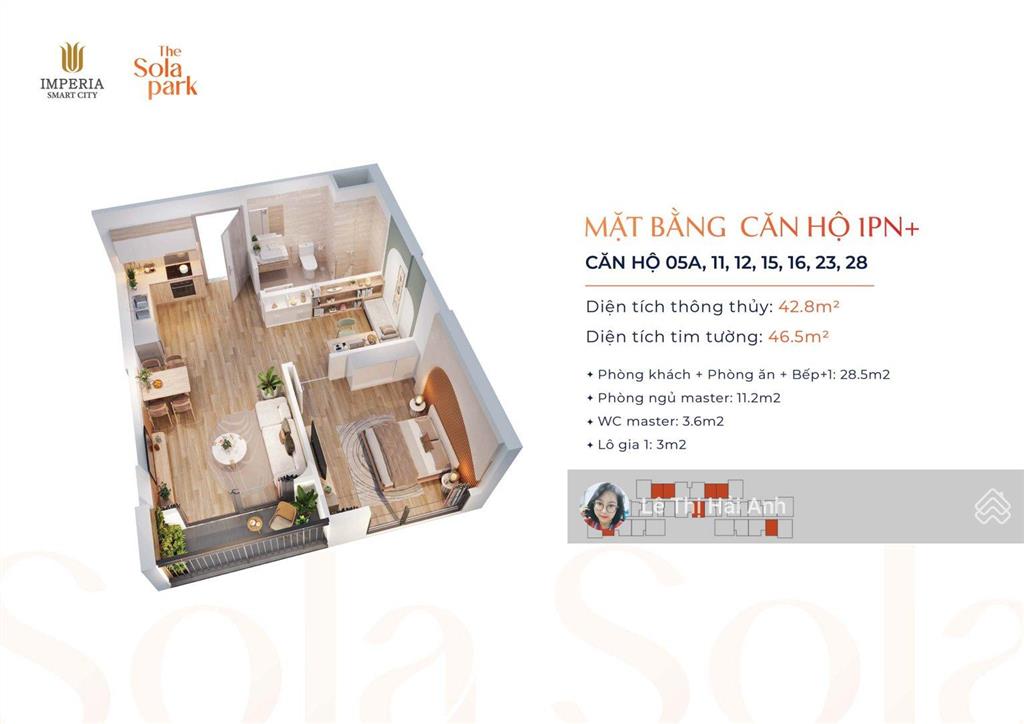 Chủ nhà cần bán căn 1 ngủ + toà g1, imperia sola park  đóng tiến độ  3,2 tỷ