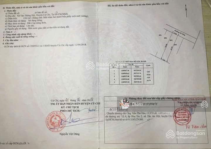 Chủ kẹt tiền cần thanh lý gấp lô đất 124m2 giá 1,2 tỷ. đ. nguyễn thị se  tân thông hội, sổ riêng