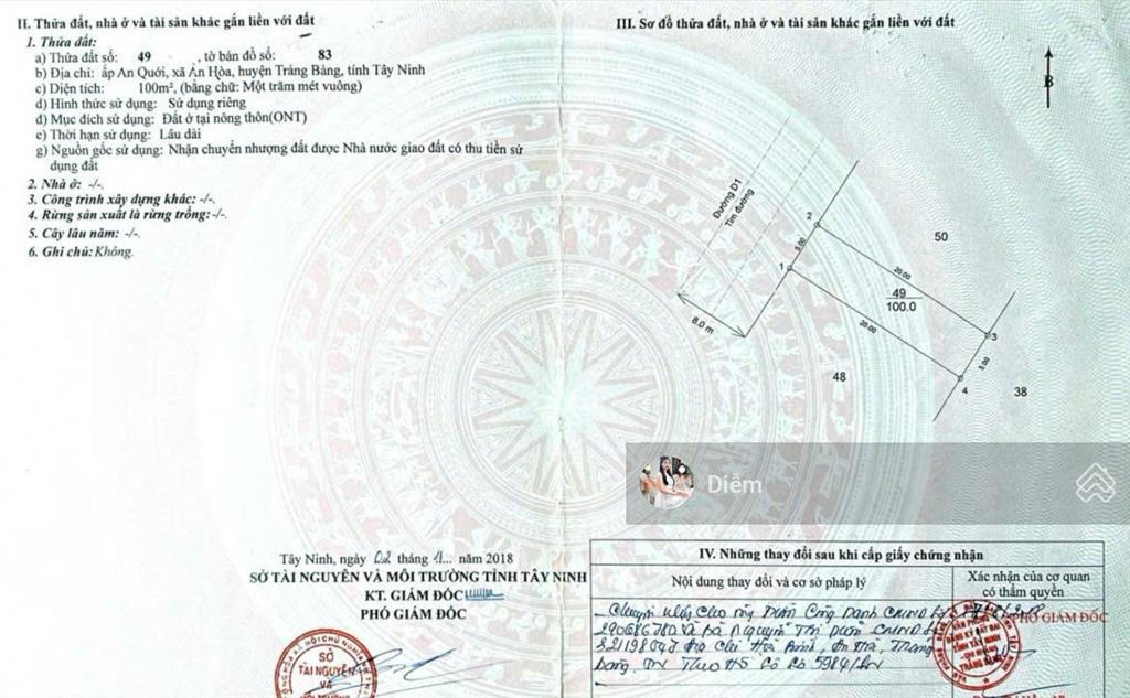 Bán đất trung tâm trảng bàng dt 100m2 đất odt giá 800tr nằm đ.nguyễn du có sổ hồng riêng