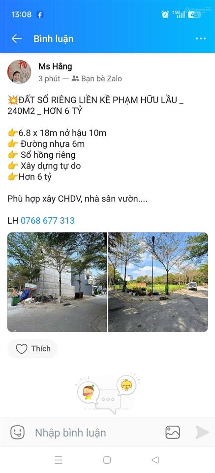 Bán đất chỉ hơn 6 tỷ, đường 10m lê văn lương, phước kiển sát quận 7, dt 240m2,