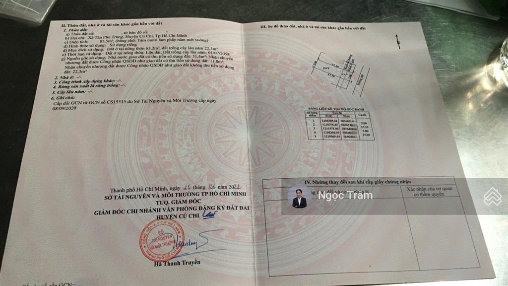 Tôi cần bán gấp lô đất bên đường nguyễn thị lắng xã tân phú trung huyện củ chi 85m2 giá 1 tỷ 2 shr