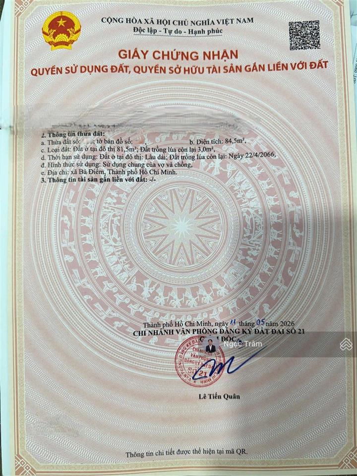 Về quê bán nhanh lô đất đường nguyễn ảnh thủ xã bà điểm huyện hóc môn 85m2 giá 1 tỷ 9 sổ hồng riêng