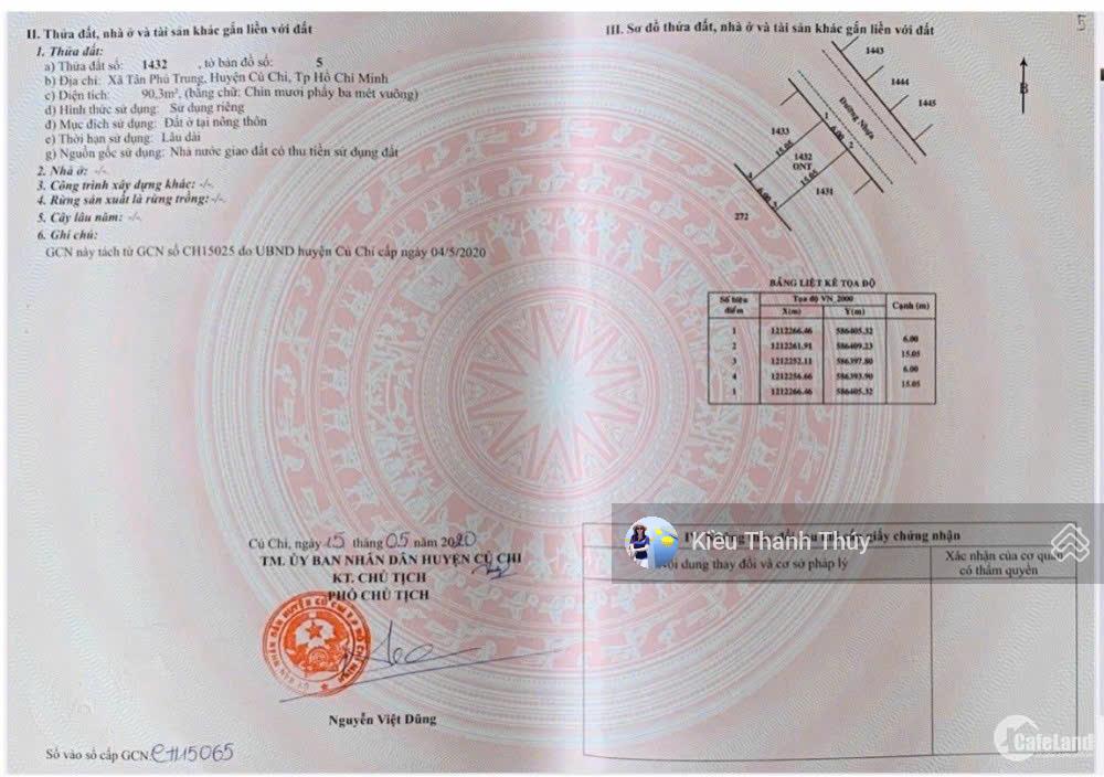90m2 đất thổ cư sát vin hóc môn giá chỉ 1,19 tỷ, ngay đ.tỉnh lộ 2, tân phú trung củ chi sổ riêng
