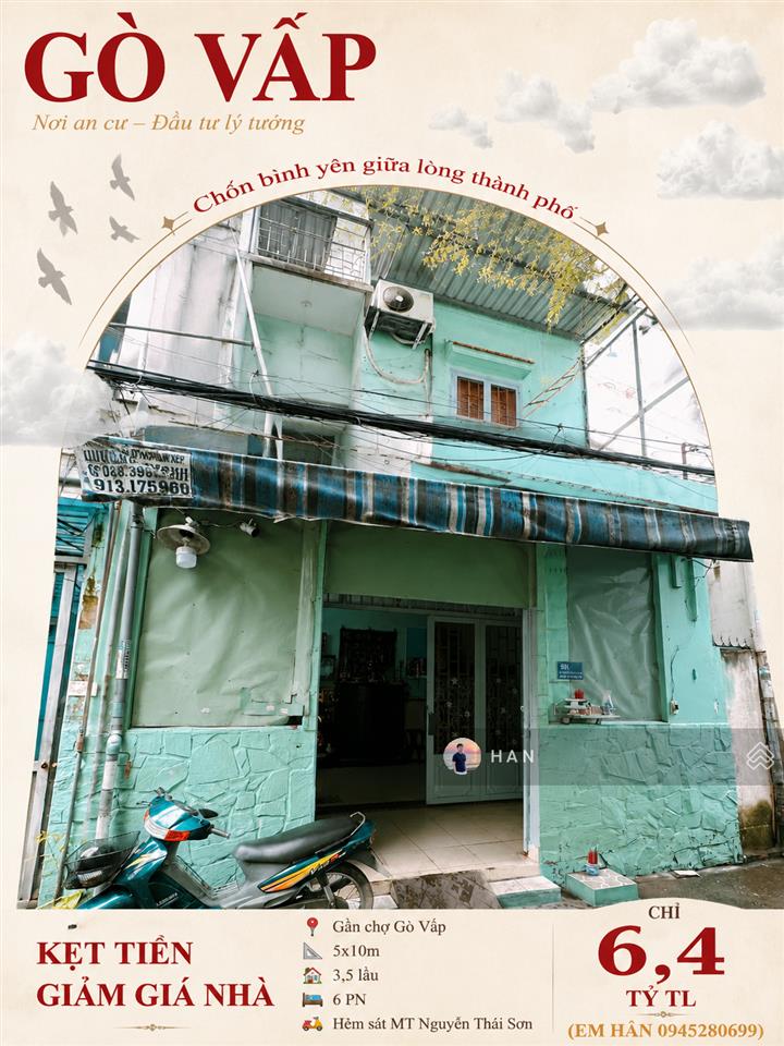 Kẹt tiền giảm giá nhà gần chợ gò vấp 5x10m, 3,5 lầu, 6 pn, hẻm sát mt nguyễn thái sơn chỉ 6,4 tỷ tl