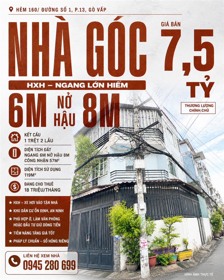 Góc hxh lê đức thọ phạm văn chiêu p13 ngang 6m nở hậu 8m, cn 57m2, 3 tầng, đct 18tr, chỉ 7.5 tỷ tl
