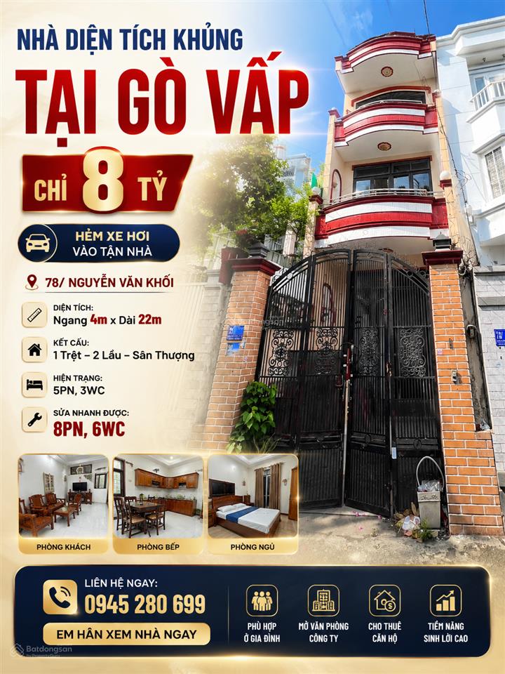 Chỉ 100tr/m2 có ngay hxh 78 nguyễn văn khối p11 4x22m cn 78m² diện tích lớn siêu đẹp giá 8 tỷ tl