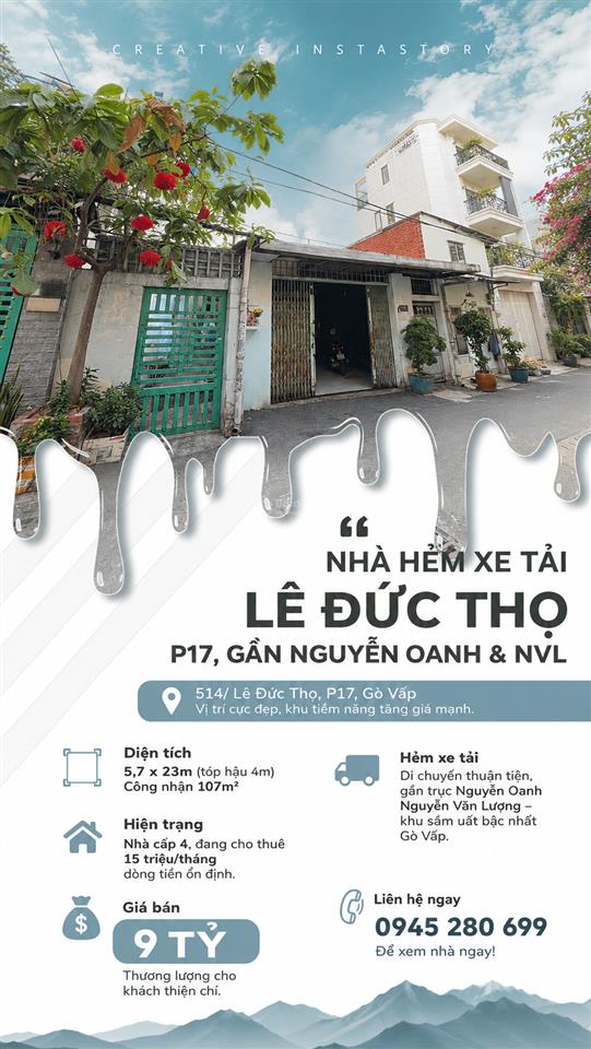 Chỉ 84tr/m2 cn 107m2 hxt 514 lê đức thọ p17 5,7x23m đct 18tr/tg, khu vực trung tâm, giá chỉ 9 tỷ tl