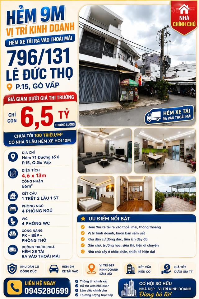 Chưa tới 100tr/m2 cn đủ 66m² hẻm 9m lê đức thọ p15 4,6x13m 4pn 3 lầu st kvkd sầm uất chỉ 6.5 tỷ