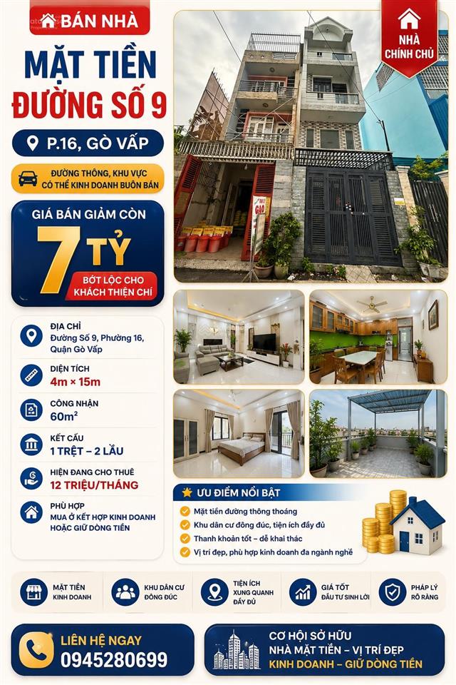 Cn 60m2 115tr/m đct 15tr, mt đs 9 p16 4x15m 2 lầu nhà có kết cấu, giảm còn 7 tỷ tl.