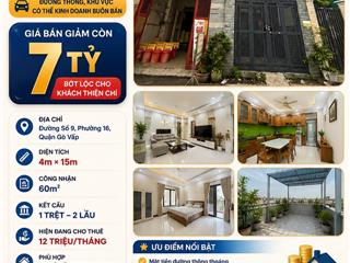 Cn 60m2 115tr/m đct 15tr, mt đs 9 p16 4x15m 2 lầu nhà có kết cấu, giảm còn 7 tỷ tl.