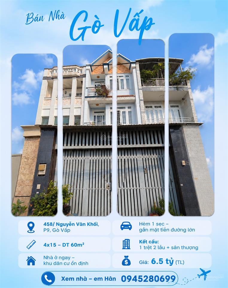 Hơn 100tr/m2 có ngay hxh 458 nguyễn văn khối p9 4x15m cn 60m2 4 lầu kv dân cư ổn định chỉ 6,5 tỷ tl