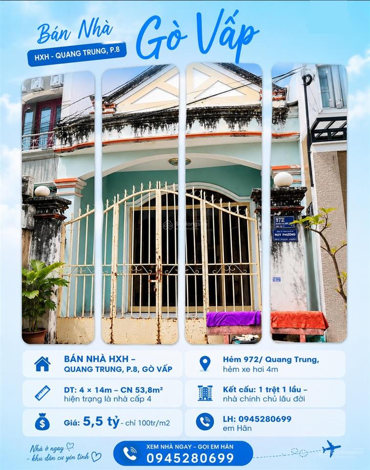 Hxh 972/ quang trung p8 4x14 cn 54m² sổ vuông vức không lỗi phong thủy chỉ 100tr/m2, giá 5.5 tỷ tl