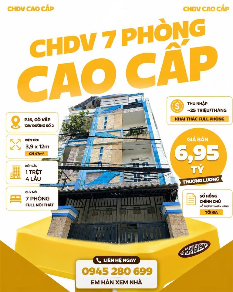 Bán chdv 7pn full nt lê đức thọ p16 3,9x12 cn47m² 5l tn 25tr/th kv dân cư ổn định giá chỉ 6,75t tl