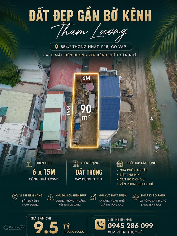 Cơ hội hiếm có đất 6x15m cn 90m² view kênh tham lương thống nhất p15 cách mt 1 căn chỉ 9.5 tỷ tl