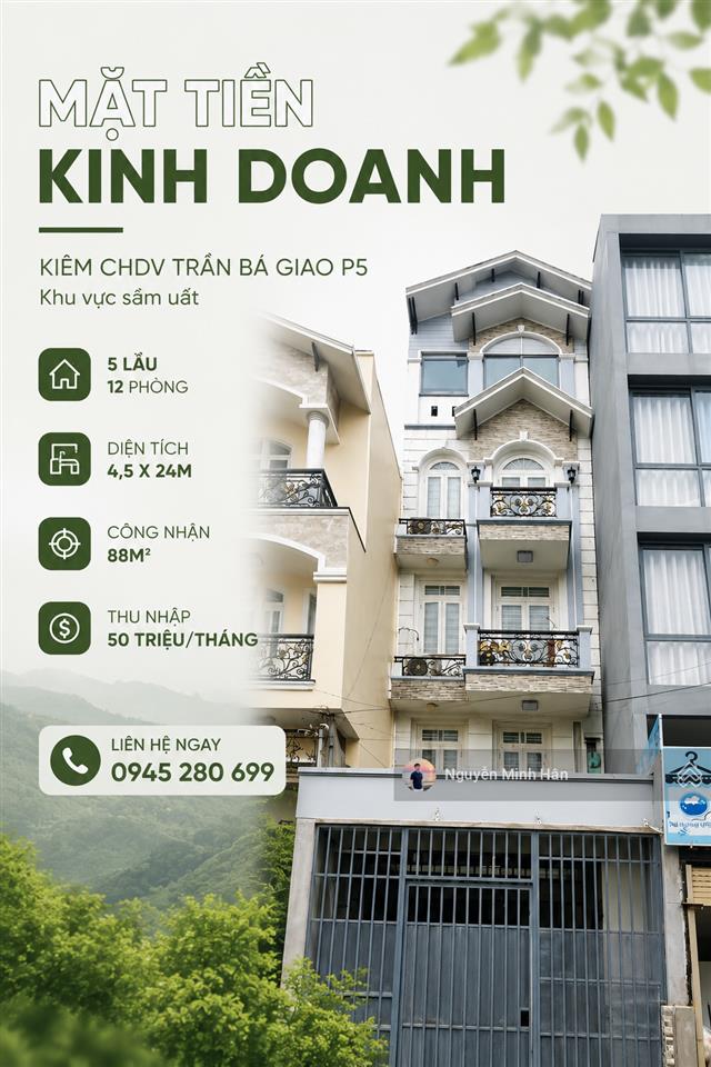 Mặt tiền kd kiêm chdv trần bá giao p5 4,5x24m cn 88.2m² 5l 12pn tn 50tr/thg kv sầm uất giá 17 tỷ tl