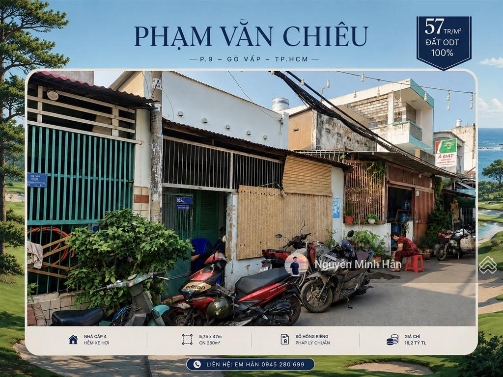 57tr/m2 đất odt 100% nhà c4 hxh 252 phạm văn chiêu p9, 5,75x47m cn 280m2 giá 16,3 tỷ tl