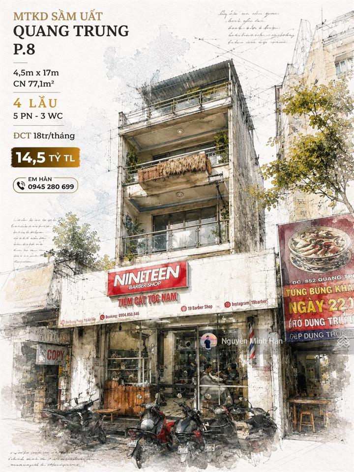 Mtkd sầm uất quang trung p8 4,5m x 17m cn 77,1m² 4l 5pn 3wc  đct 18tr/thg giá 14,5 tỷ tl