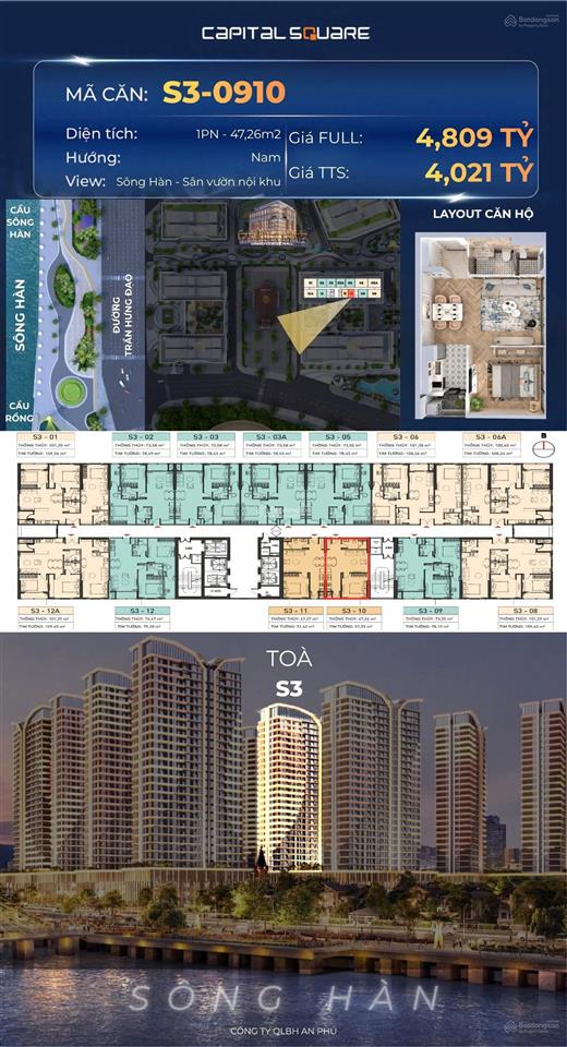Bán gấp căn 1pn capital square đà nẵng view trực diện sông hàn, giá tts 4,02 tỷ
