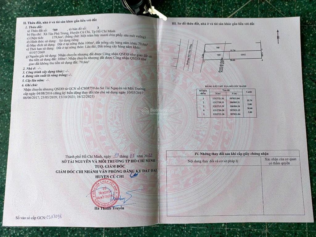 Chủ ngộp cần bán nhanh lô đất hồ văn tắng gần chợ tân phú trung dt 180m2 giá 1,6 tỷ sổ hồng riêng